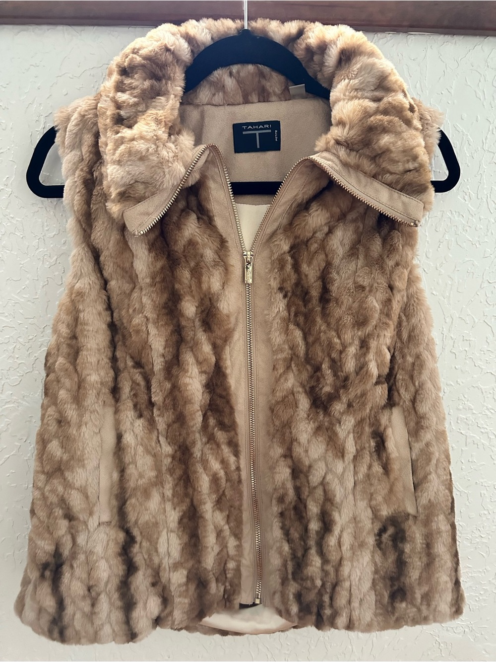 Tahari Tan Faux Fur Zip-Front Vest